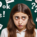 **

Prompt: A confused Turkish student surrounded by English words like "look," "see," "watch," with question marks floating around. The scene should be brightly colored and slightly cartoonish to represent the frustration of choosing the right word. Text overlay: "Word Choice Confusion."

**