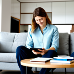 A young adult, sitting comfortably on a modern sofa, engaged in watching an English-language sitcom on a tablet placed on a coffee table in front of them. They are wearing modest, casual-professional clothing like a neat long-sleeved shirt and trousers. Next to them, an open notebook and a pen indicate active learning. The scene is a bright, cozy living room with contemporary decor and diffused natural light. High-resolution, professional photography, soft lighting, natural colors, safe for work, appropriate content, fully clothed, modest clothing, family-friendly, perfect anatomy, correct proportions, natural pose, well-formed hands, proper finger count, natural body proportions.