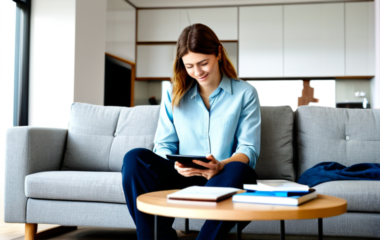 A young adult, sitting comfortably on a modern sofa, engaged in watching an English-language sitcom on a tablet placed on a coffee table in front of them. They are wearing modest, casual-professional clothing like a neat long-sleeved shirt and trousers. Next to them, an open notebook and a pen indicate active learning. The scene is a bright, cozy living room with contemporary decor and diffused natural light. High-resolution, professional photography, soft lighting, natural colors, safe for work, appropriate content, fully clothed, modest clothing, family-friendly, perfect anatomy, correct proportions, natural pose, well-formed hands, proper finger count, natural body proportions.