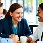 A diverse group of adults of varying ages, fully clothed in professional and modest attire, engaging in lively and confident conversations in a bright, modern cafe setting. They are smiling and making eye contact, showcasing natural communication and overcoming hesitation in real-life English usage. The scene emphasizes fluent interaction over grammatical perfection. The background is softly blurred. Perfect anatomy, correct proportions, natural pose, well-formed hands, proper finger count, natural body proportions. Safe for work, appropriate content, professional, family-friendly.