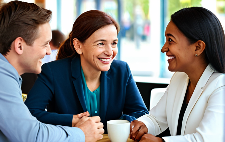 A diverse group of adults of varying ages, fully clothed in professional and modest attire, engaging in lively and confident conversations in a bright, modern cafe setting. They are smiling and making eye contact, showcasing natural communication and overcoming hesitation in real-life English usage. The scene emphasizes fluent interaction over grammatical perfection. The background is softly blurred. Perfect anatomy, correct proportions, natural pose, well-formed hands, proper finger count, natural body proportions. Safe for work, appropriate content, professional, family-friendly.