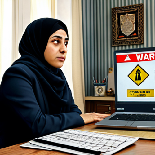 Online Shopping Caution**

A woman sitting at her desk looking concerned at her laptop screen, a credit card in her hand, fully clothed in modest office attire, an overlay of a padlock and warning signs subtly visible on the screen. Background: A cozy Turkish home office setting with traditional decor. safe for work, appropriate content, perfect anatomy, natural proportions, family-friendly, professional digital art.

**