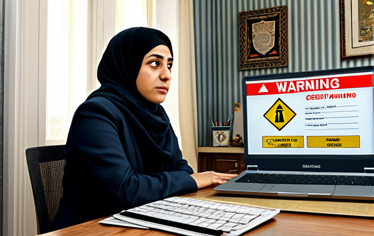 Online Shopping Caution**

A woman sitting at her desk looking concerned at her laptop screen, a credit card in her hand, fully clothed in modest office attire, an overlay of a padlock and warning signs subtly visible on the screen. Background: A cozy Turkish home office setting with traditional decor. safe for work, appropriate content, perfect anatomy, natural proportions, family-friendly, professional digital art.

**