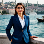 영어 듣기 연습 팁 - **Subject:** A professional Turkish businesswoman standing confidently in front of the Bosphorus, Is...