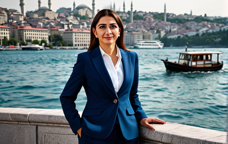 영어 듣기 연습 팁 - **Subject:** A professional Turkish businesswoman standing confidently in front of the Bosphorus, Is...