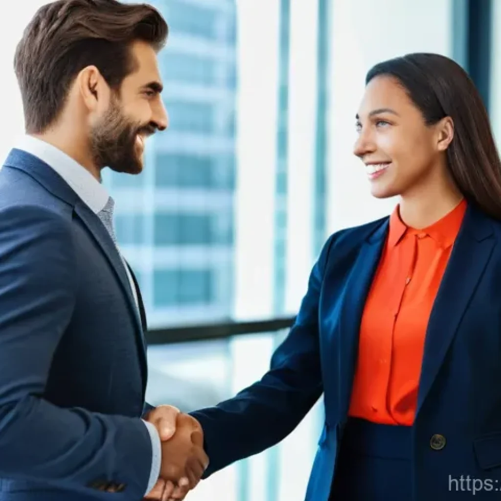 영어권 문화에서의 바디랭귀지 - **A Professional First Impression:**
Create an image of two business professionals, one male and...