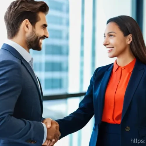 Home 23 영어권 문화에서의 바디랭귀지 - **A Professional First Impression:**
Create an image of two business professionals, one male and...