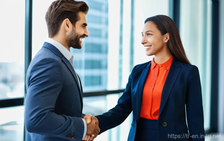 영어권 문화에서의 바디랭귀지 - **A Professional First Impression:**
Create an image of two business professionals, one male and...