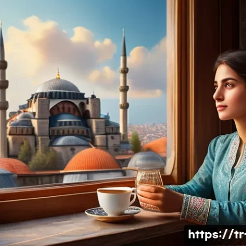 Home 9 영어 속담과 관용 표현 - A vibrant, detailed illustration of a young woman (around 20s) sitting in a cozy, traditionally Turk...