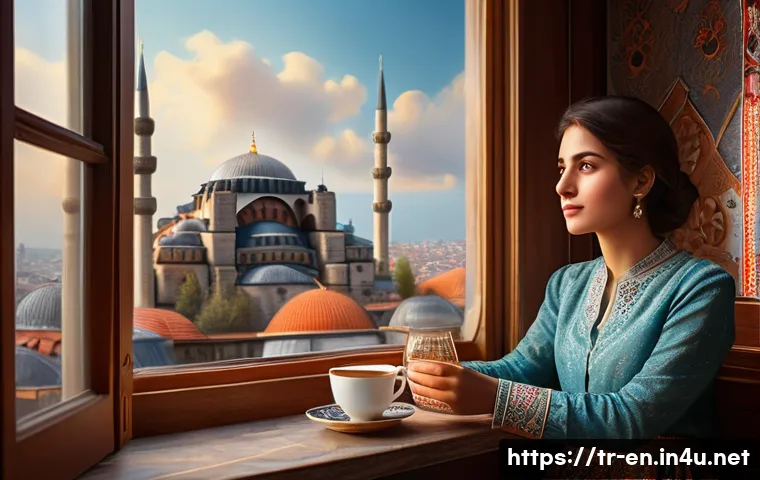 영어 속담과 관용 표현 - A vibrant, detailed illustration of a young woman (around 20s) sitting in a cozy, traditionally Turk...